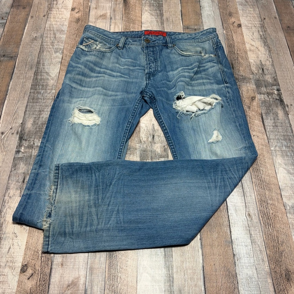 Cult of Individuality Hagen Relaxed Mens 36x34 Blue Distressed Denim Jeans Y2K